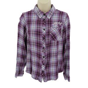 Harley Davidson Women Medium Purple Plaid Check Embroidered Collar Shirt Top